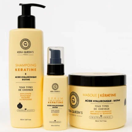 Gamme Kera Queen’s Kératine, Acide Hyaluronique & Biotine – Shampooing, Masque & Sérum – Tous Types de Cheveux