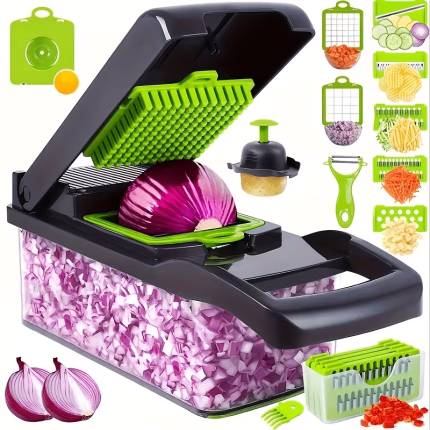 Coupe-légumes 17-en-1, Hachoir à légumes, Trancheuse à légumes multifonctionnelle avec 7 lames, gants, brosse de nettoyage, éplucheur pour couper légumes et fruits, hachoir à viande de cuisine, machine de cuisine